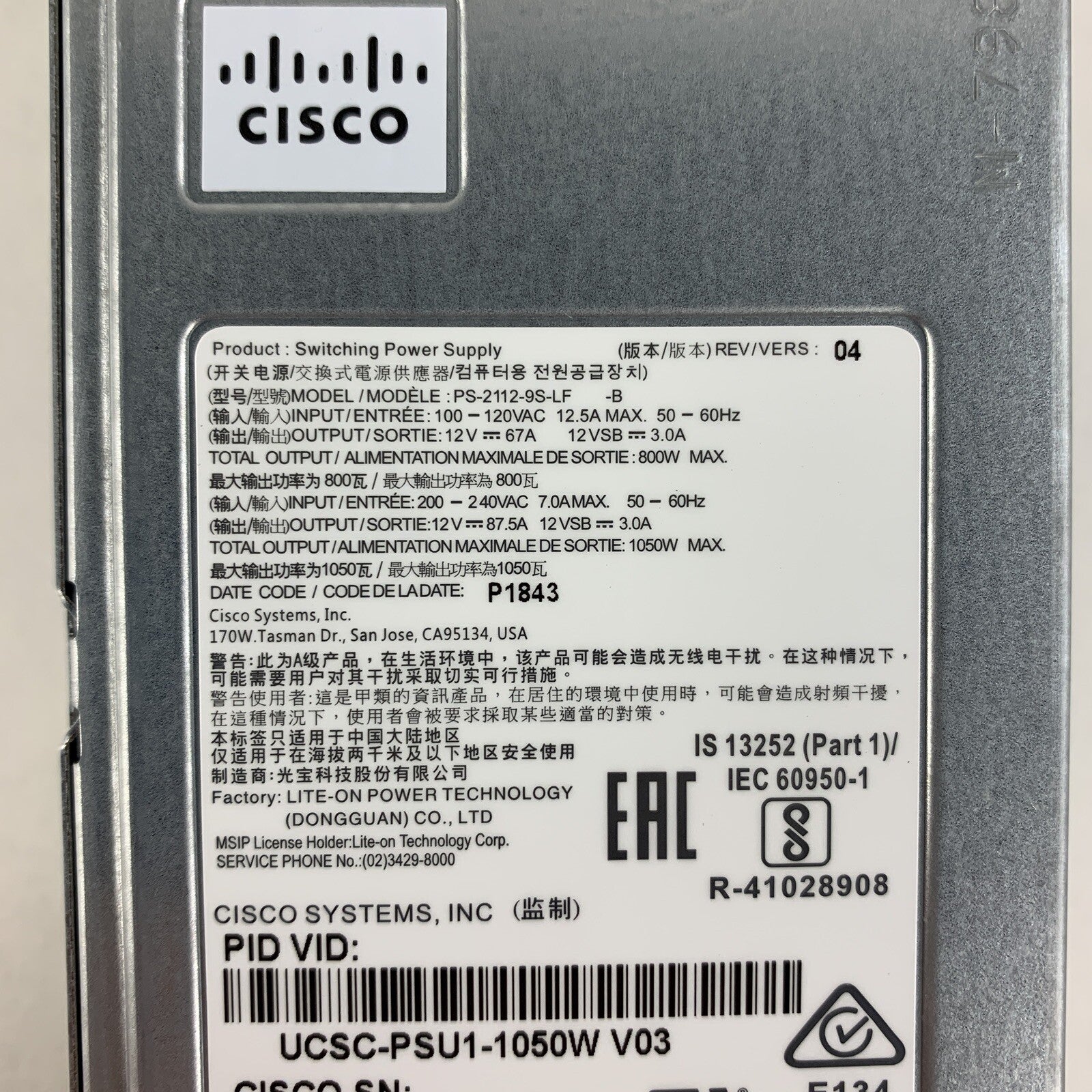 Cisco PS-2112-9S-LF 341-0638-03 1050W AC Server Power Supply Tested