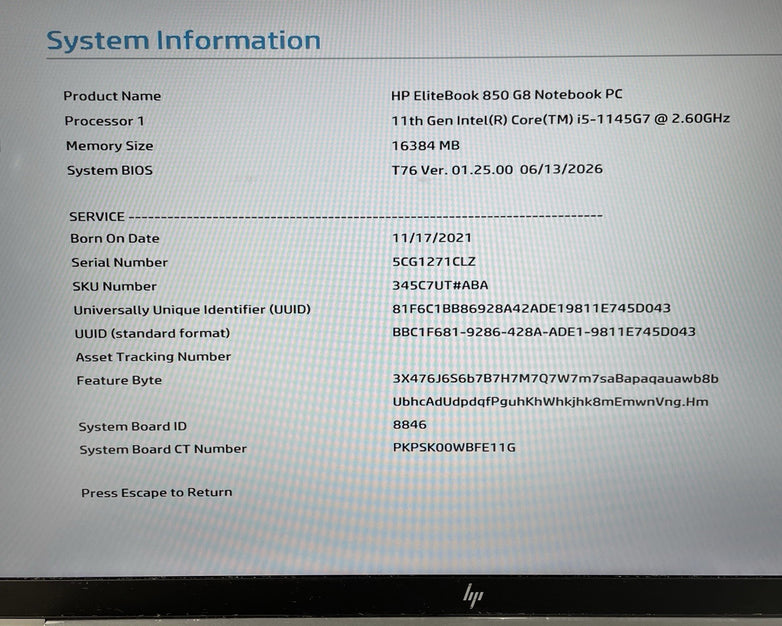 HP EliteBook 850 G8 15.6" i5-1145G7 2.60 GHz 16 GB No SSD/OS/AC - READ