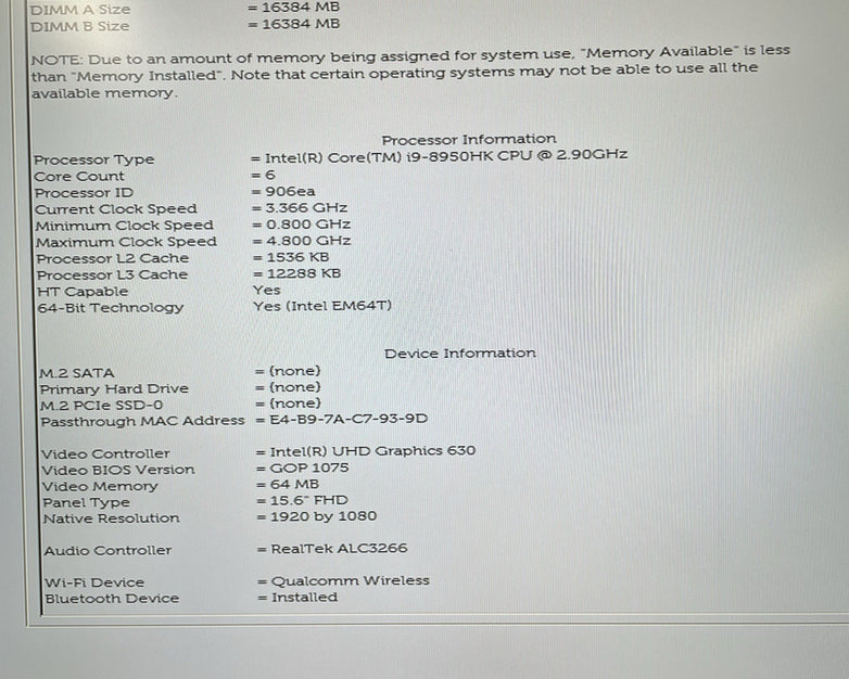 Dell Precision 5530 15.6" i9-8950HK 2.90 GHz 32 GB RAM No SSD/OS/AC