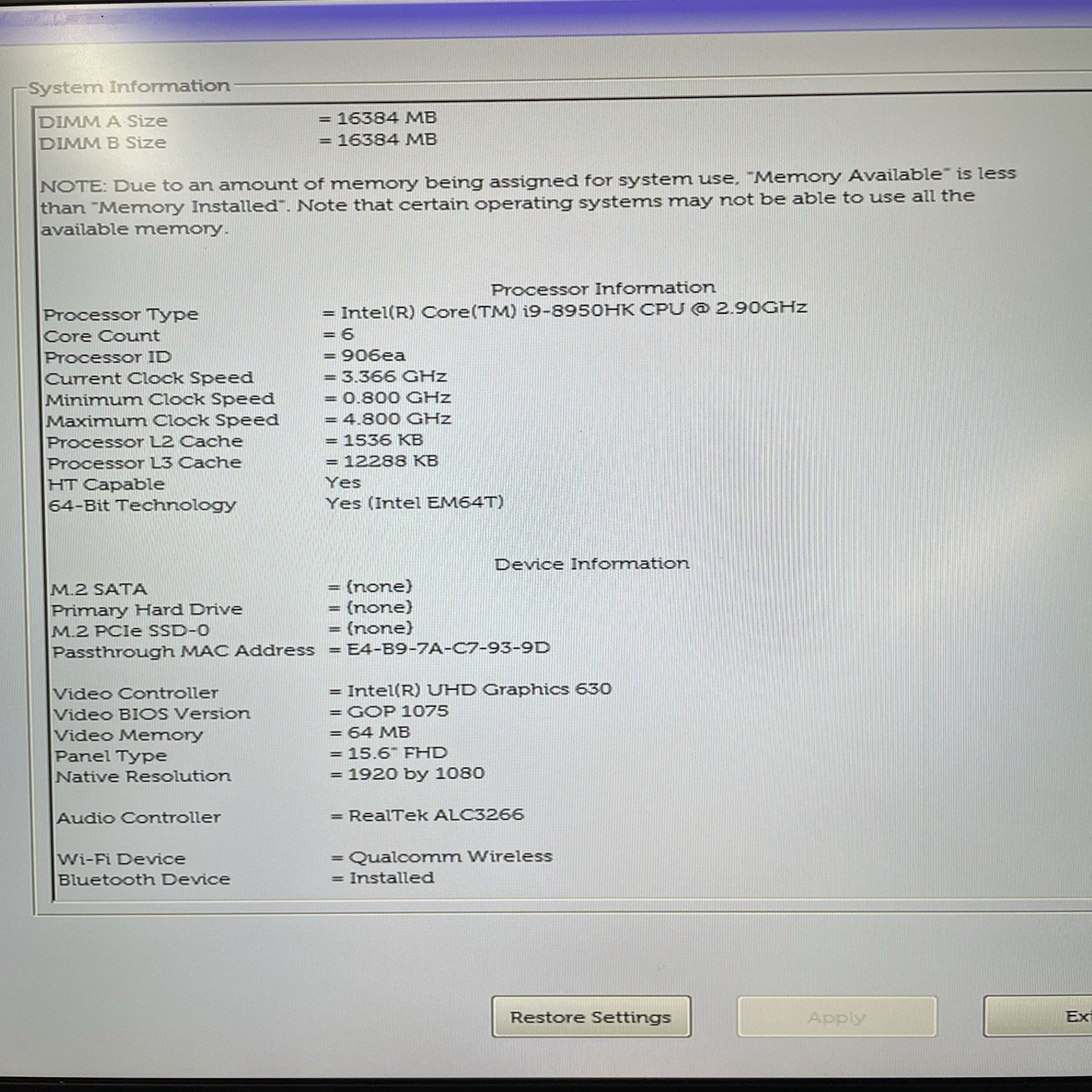Dell Precision 5530 15.6" i9-8950HK 2.90 GHz 32 GB RAM No SSD/OS/AC3