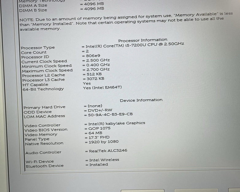 Dell Inspiron 5767 17.3" i5-7200U 2.50 GHz 8 GB RAM No SSD/OS/AC - BIOS