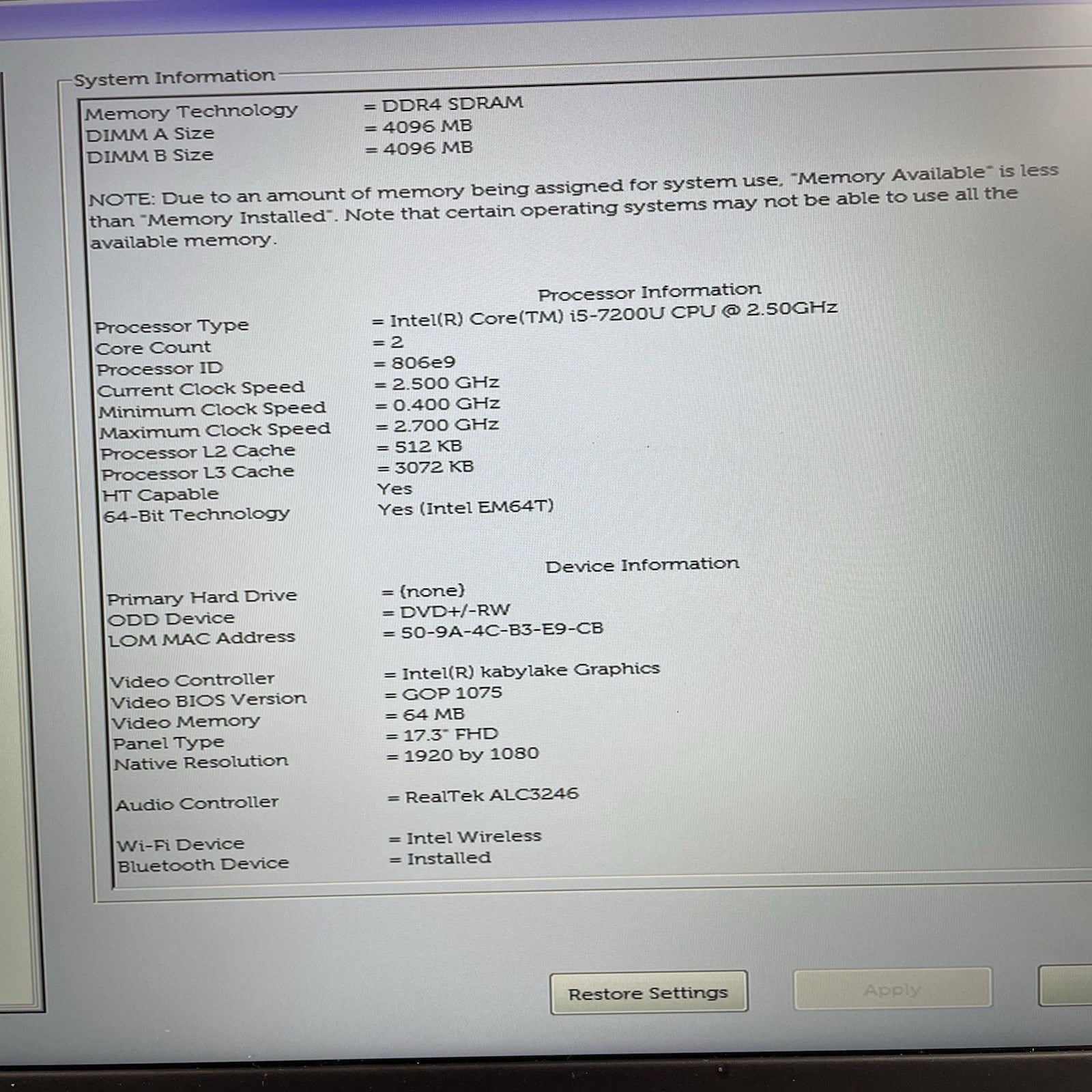 Dell Inspiron 5767 17.3" i5-7200U 2.50 GHz 8 GB RAM No SSD/OS/AC - BIOS3
