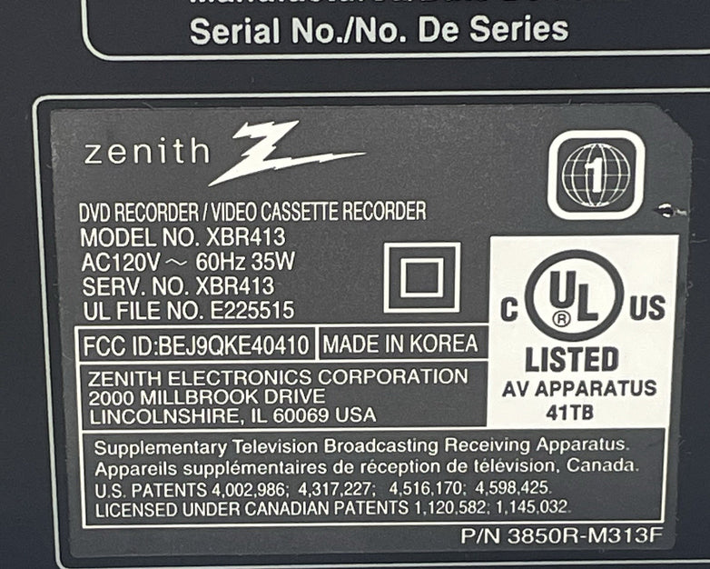 Zenith Model-XBR413 Recorder / Video Cassette Tested No Remote
