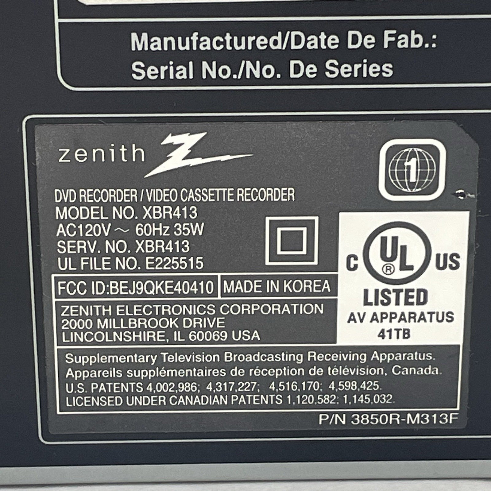 Zenith Model-XBR413 Recorder / Video Cassette Tested No Remote11