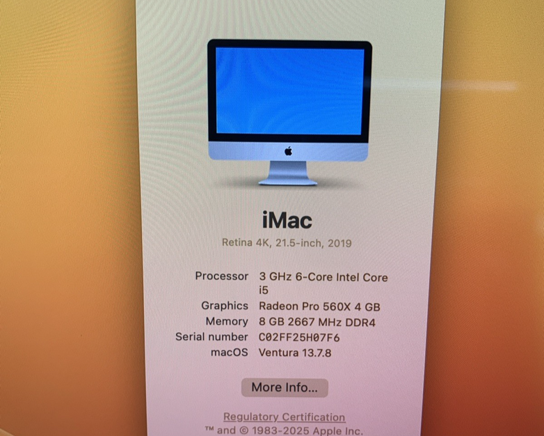 Apple iMac A2116 2019 Retina 4K 21.5" 3GHz i5 8GB RAM 250GB SSD - Screen Crack