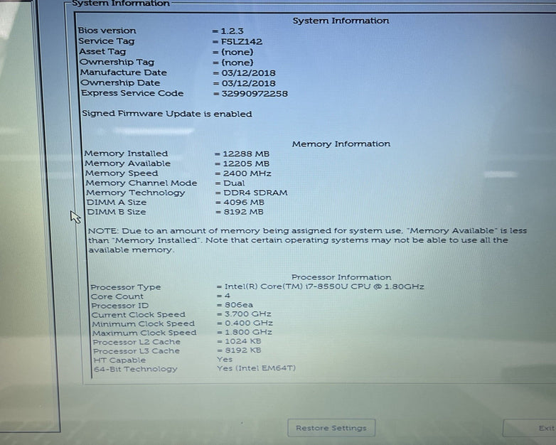Dell Inspiron 5570 15.6" i7-8550U 1.80 GHz 12 GB RAM No SSD/OS/AC
