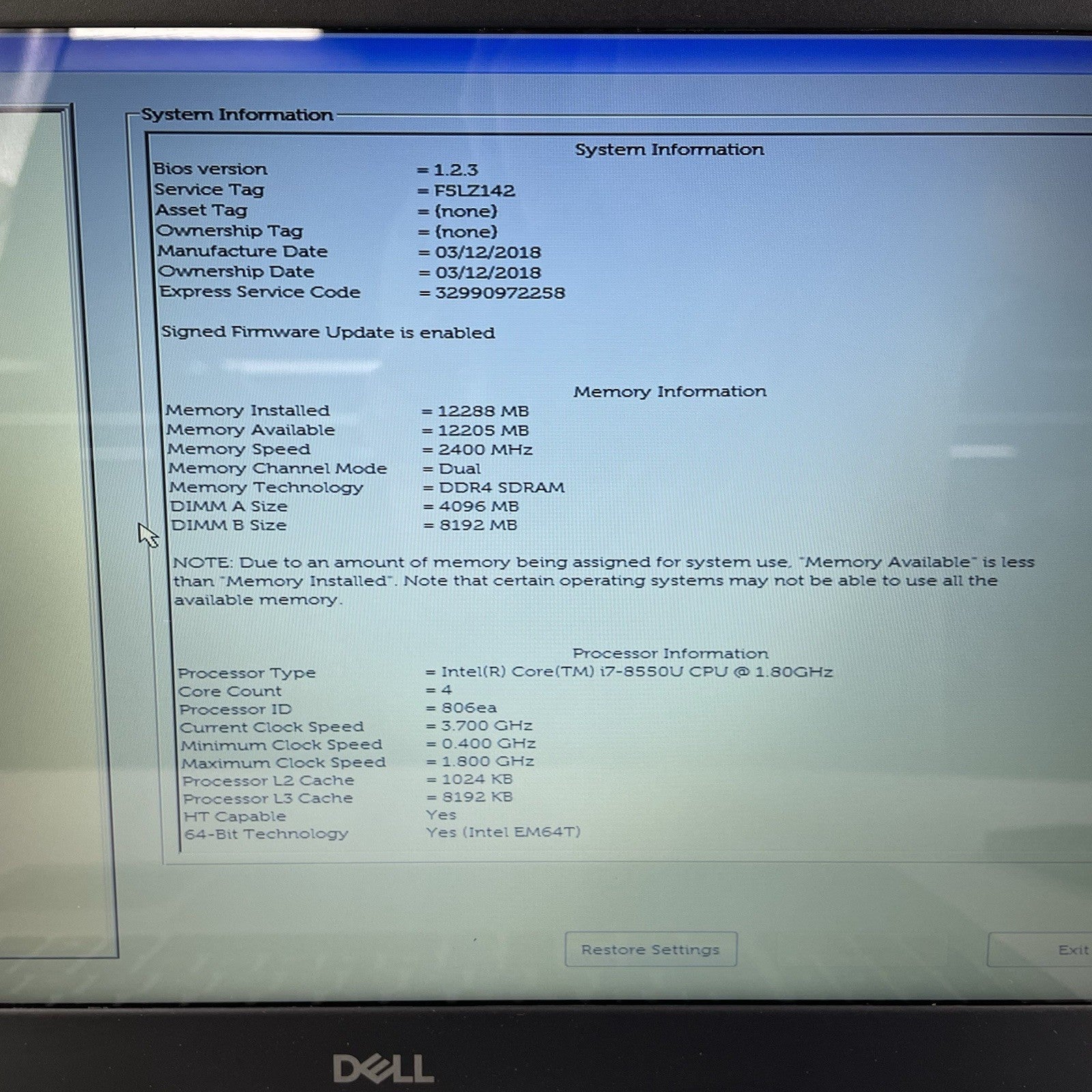 Dell Inspiron 5570 15.6" i7-8550U 1.80 GHz 12 GB RAM No SSD/OS/AC3