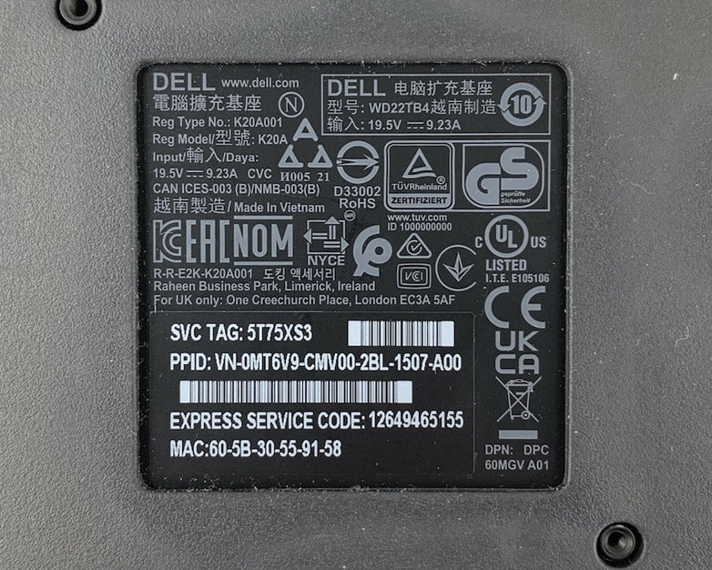 Dell WD22TB4 USB-C Thunderbolt Docking Station - No AC Adapter