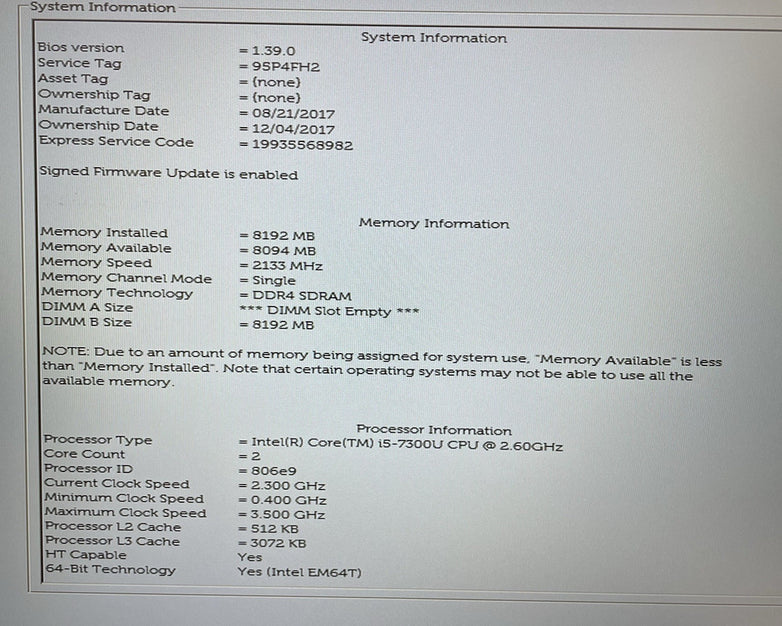 Dell Latitude 5580 15.6" i5-7300U 2.60 GHz 8 GB RAM No SSD/OS/AC/Batt
