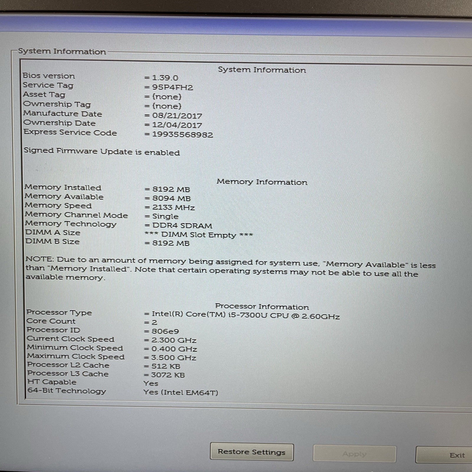 Dell Latitude 5580 15.6" i5-7300U 2.60 GHz 8 GB RAM No SSD/OS/AC/Batt2