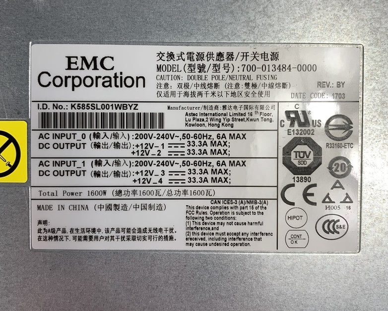EMC Corp 700-013484-0000 1600W Power Supply