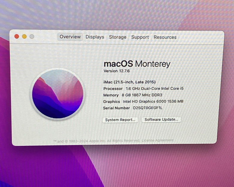 Apple A1418 iMac 21.5" 2015 1.6 GHz Core i5 8 GB RAM 1TB HDD macOS 12.7.6