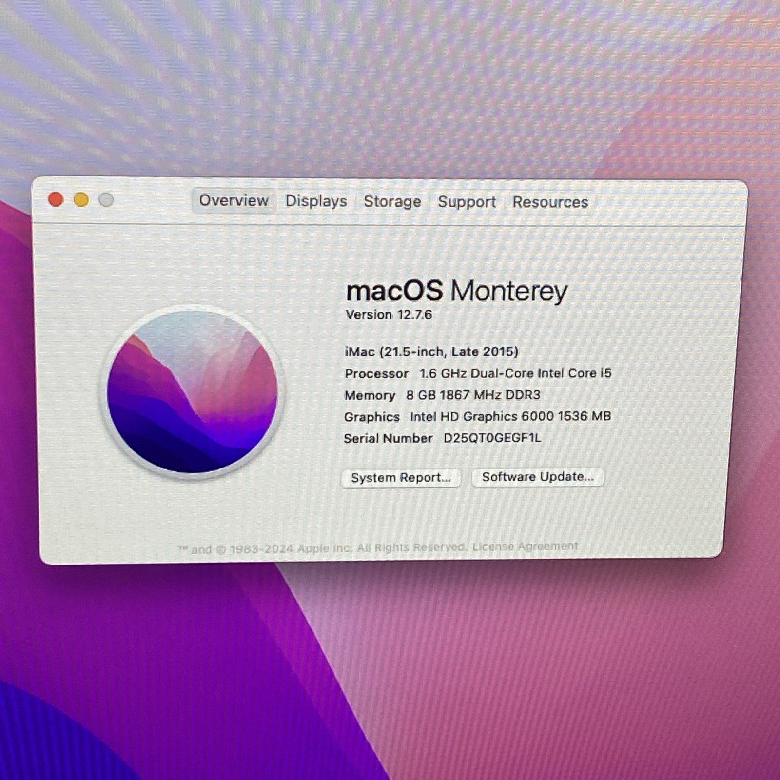 Apple A1418 iMac 21.5" 2015 1.6 GHz Core i5 8 GB RAM 1TB HDD macOS 12.7.6