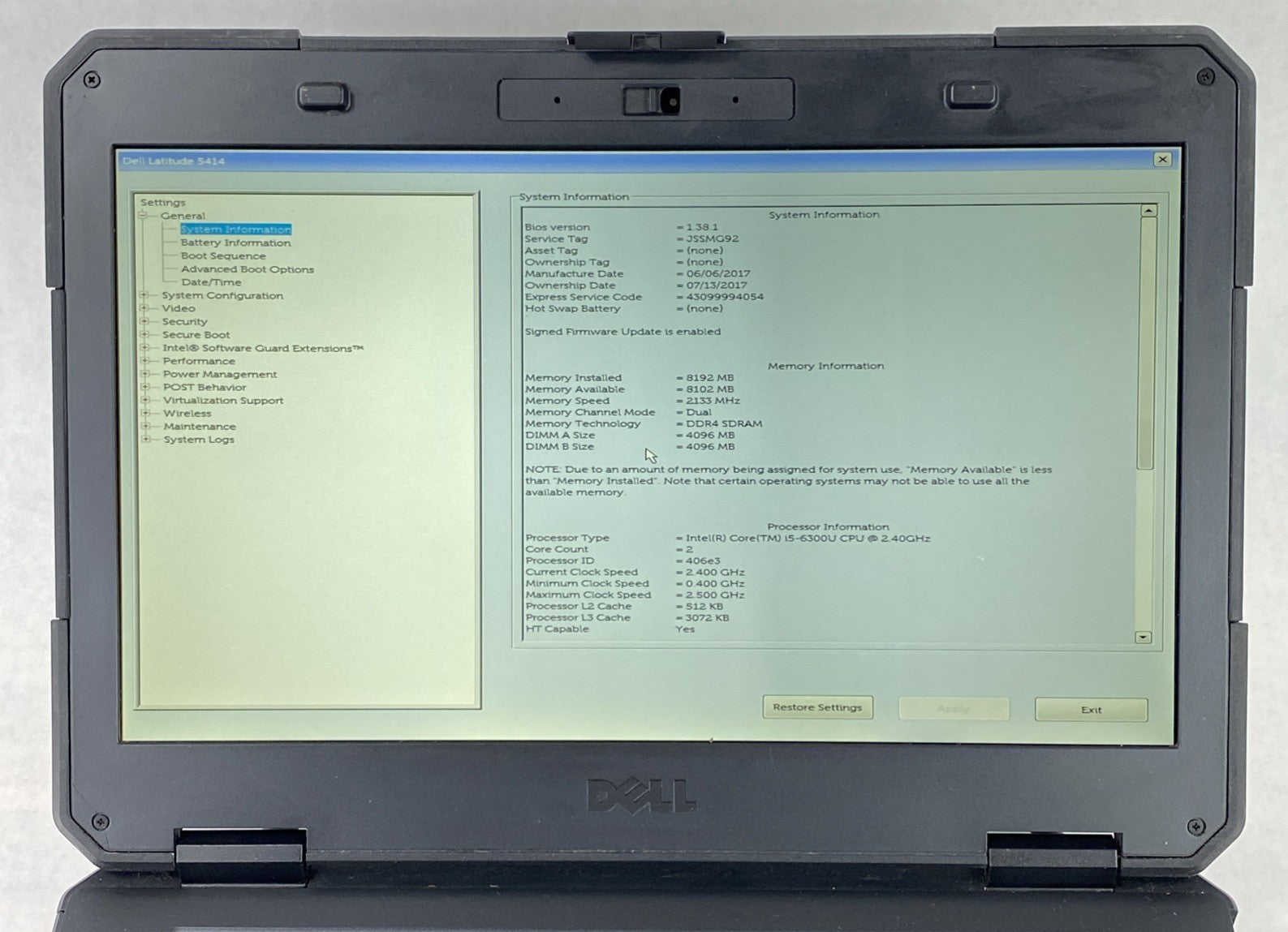 Dell Latitude 14 Rugged 5414 14" i5-6300U 2.4GHz 8GB RAM No Battery No HDD No OS