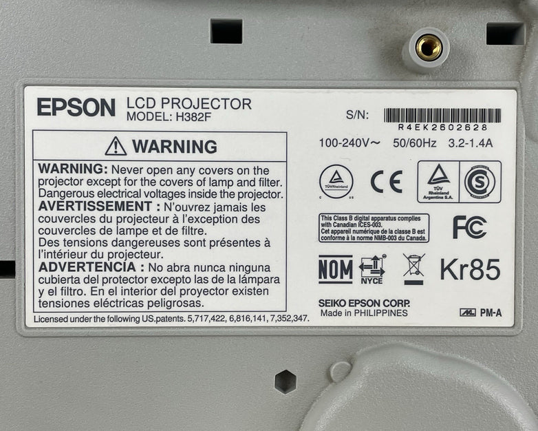 Epson H382F LCD Lamp Projector No Lamp No Remote- Parts or Repair