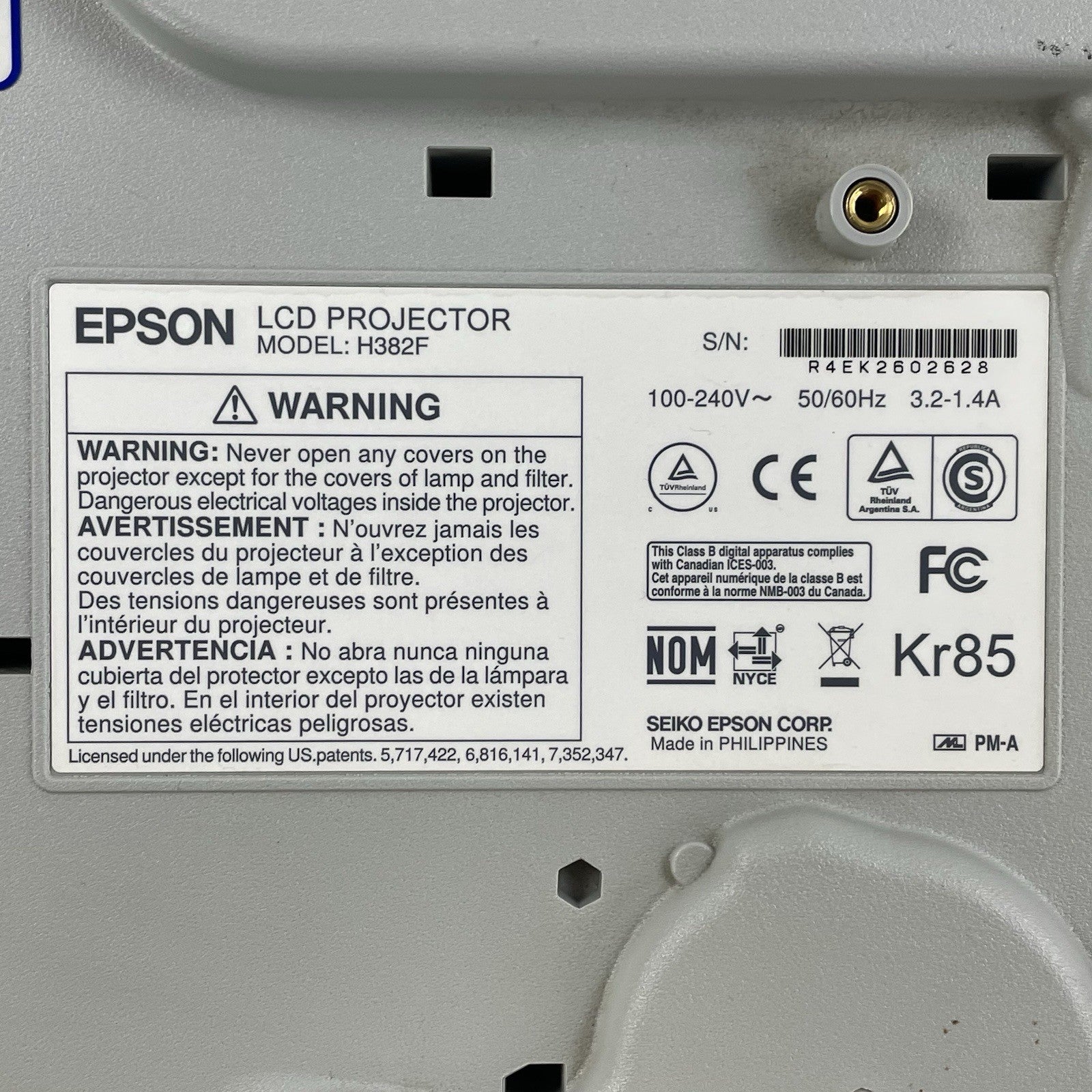 Epson H382F LCD Lamp Projector No Lamp No Remote- Parts or Repair