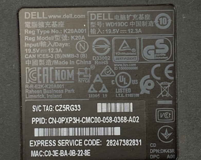 Dell WD19DC Dual Thunderbolt Performance Docking Station With Power Adapter