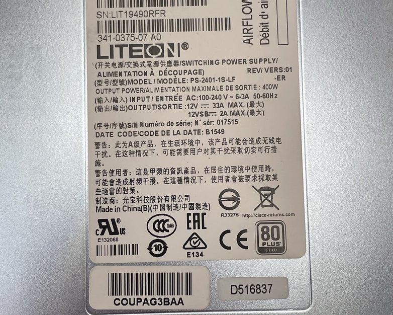 Cisco LiteOn PS-2401-1S-LF 400W Switch Power Supply Lot of 2