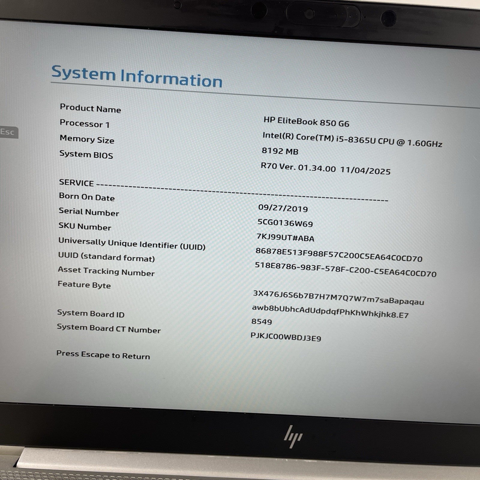 HP EliteBook 850 G6 15.6" i5-8365U 1.60 GHz 8 GB RAM No SSD/OS/AC/Battery2