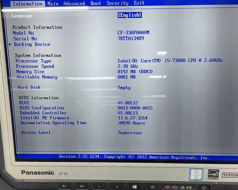 Panasonic CF-33 12" i5-7300U 2.60 GHz 8 GB RAM No SSD/OS/AC - READ