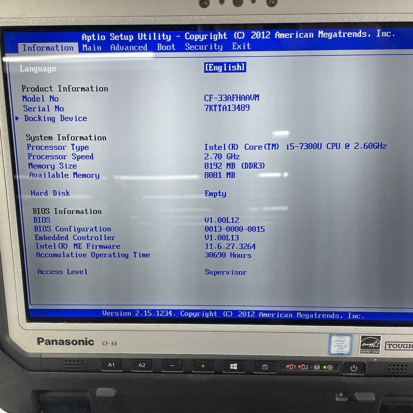 Panasonic CF-33 12" i5-7300U 2.60 GHz 8 GB RAM No SSD/OS/AC - READ4