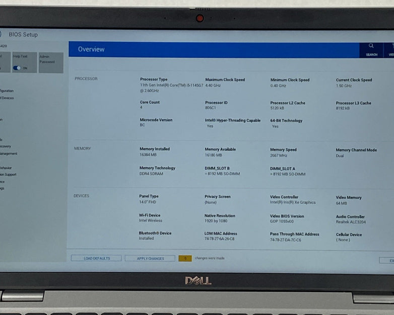 Dell Latitude 5420 Core i5-1145G7 2.60 GHz 16 GB RAM 14" No Battery No SSD No OS