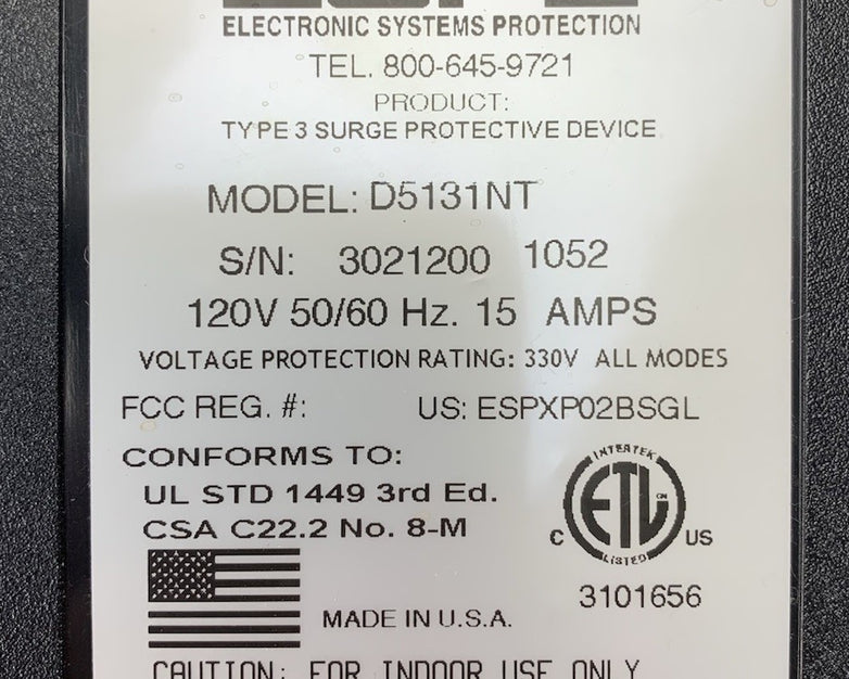 ESP D5131NT 120V 50/60Hz 15A Surge Protector Power Supply