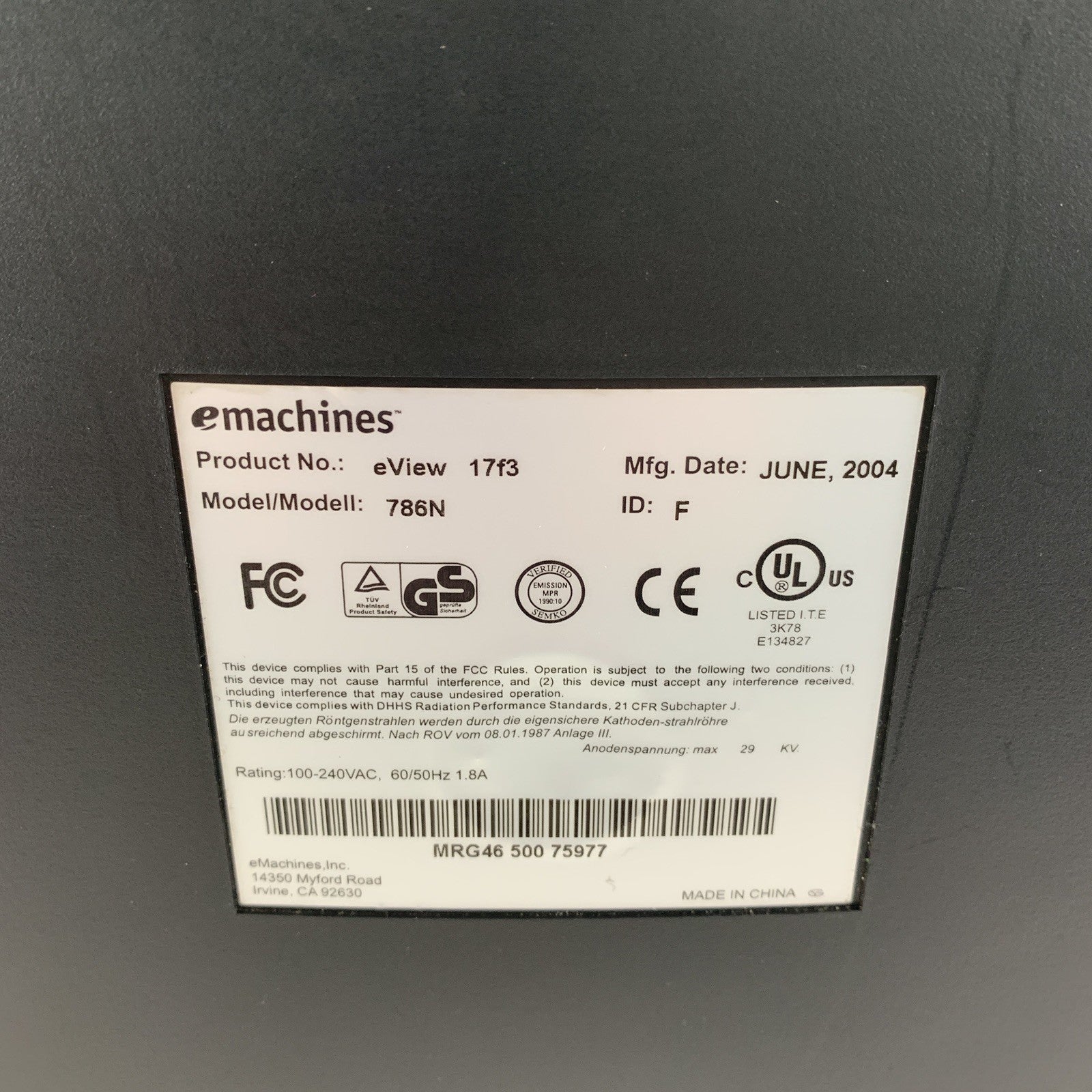 eMachines eView 17f3 786N 17" CRT VGA Color Monitor Computer Retro Gaming