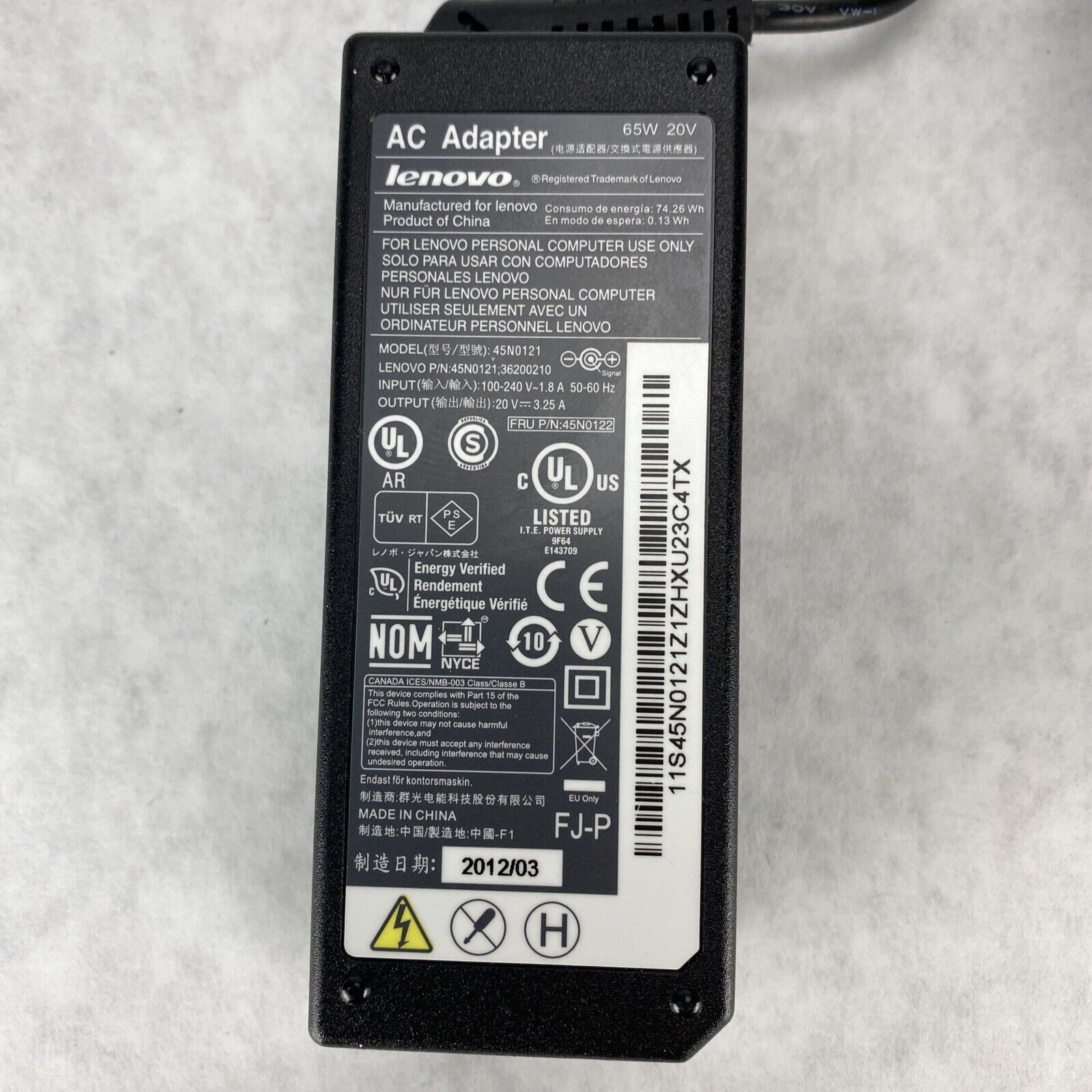 Lenovo 45N0121 ThinkPad Laptop Power Adapter 65W 20V 3.25A (Lot of 4)