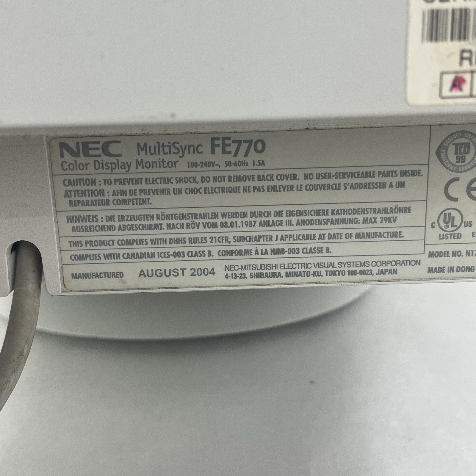 NEC FE770 MultiSync 16' CRT VGA Computer Monitor Tested