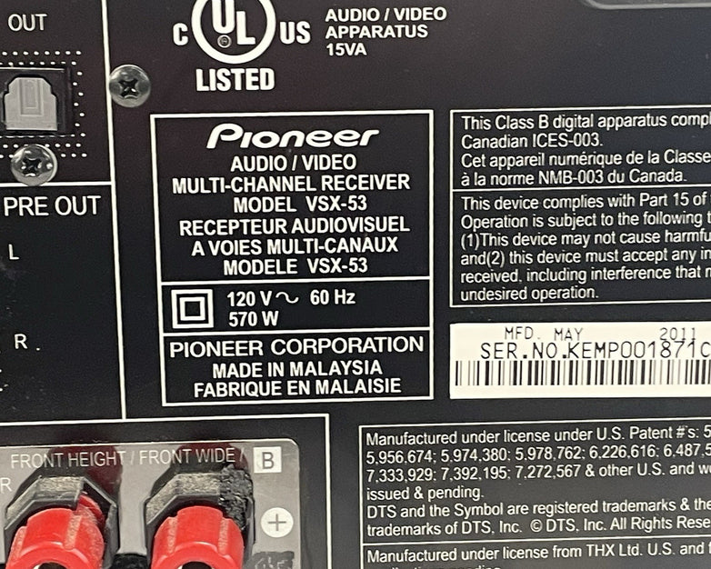 Pioneer Elite VSX-53 Tested For Parts Or Repair No Output Sound
