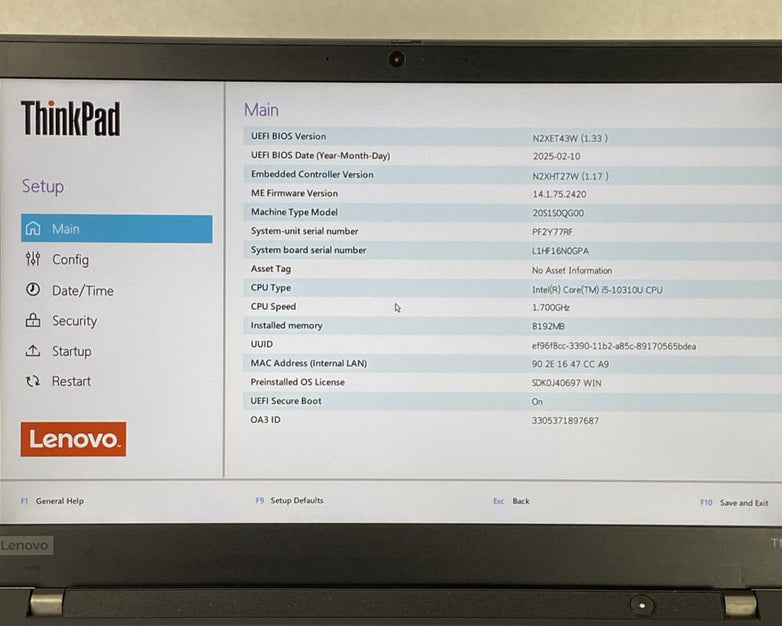 Lenovo ThinkPad T14 Gen 1 Core i5-10310U 1.70 GHz 8 GB RAM 14.0" No SSD No OS