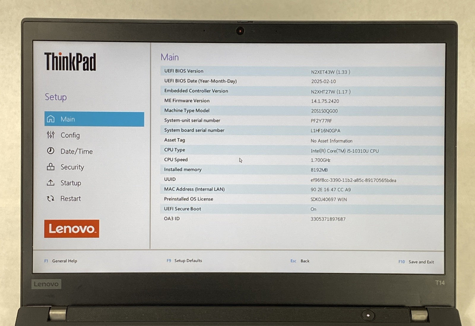Lenovo ThinkPad T14 Gen 1 Core i5-10310U 1.70 GHz 8 GB RAM 14.0" No SSD No OS