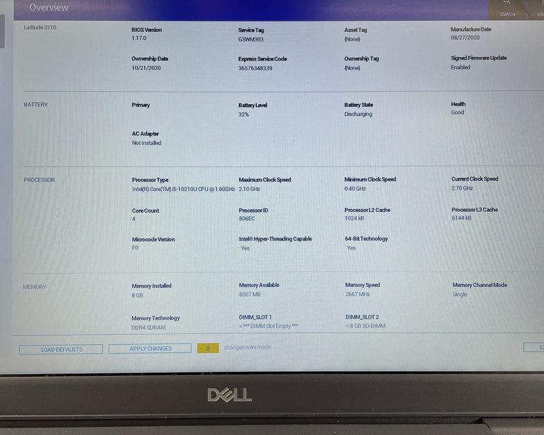 Dell Latitude 3510 15.6" i5-10210U 1.60 GHz 8 GB RAM No SSD/OS/AC - READ