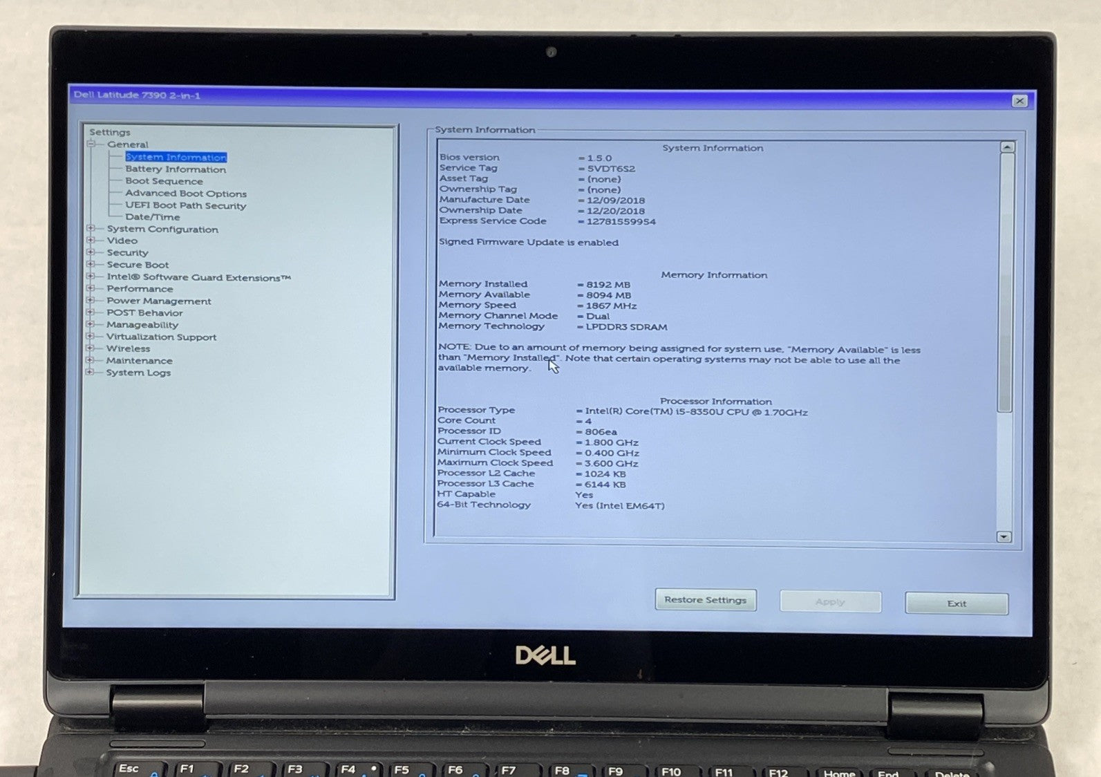 Dell Latitude 7390 2 in 1 13.3" Touch i5-8250U 1.7 GHz 8 GB RAM No HDD No OS
