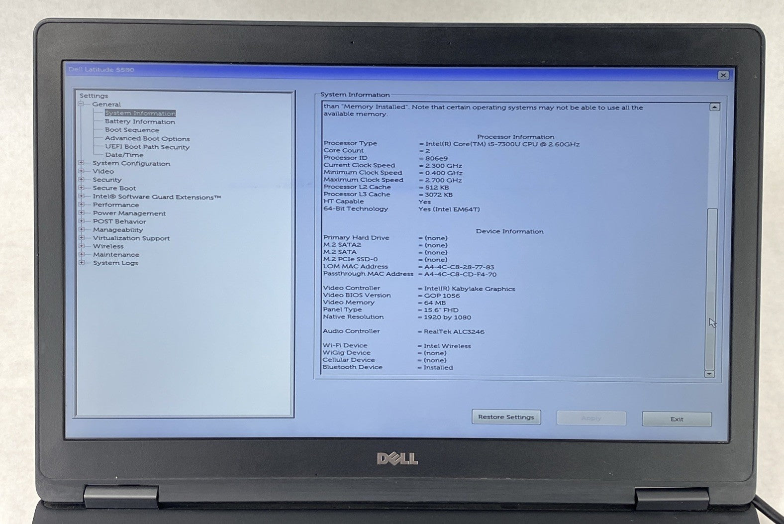 Dell Latitude 5580 Intel Core i5-7300U 2.60 GHz 8 GB RAM 15.6" No HDD No OS