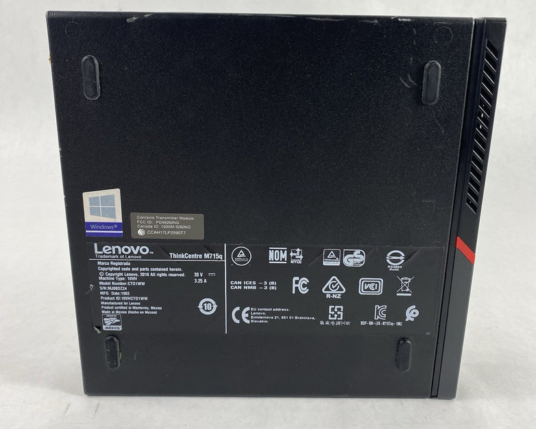 Lenovo ThinkCentre M715q Micro Ryzen 5 Pro 2400GE 3.2GHz 1x8GB RAM No HDD/OS/AC