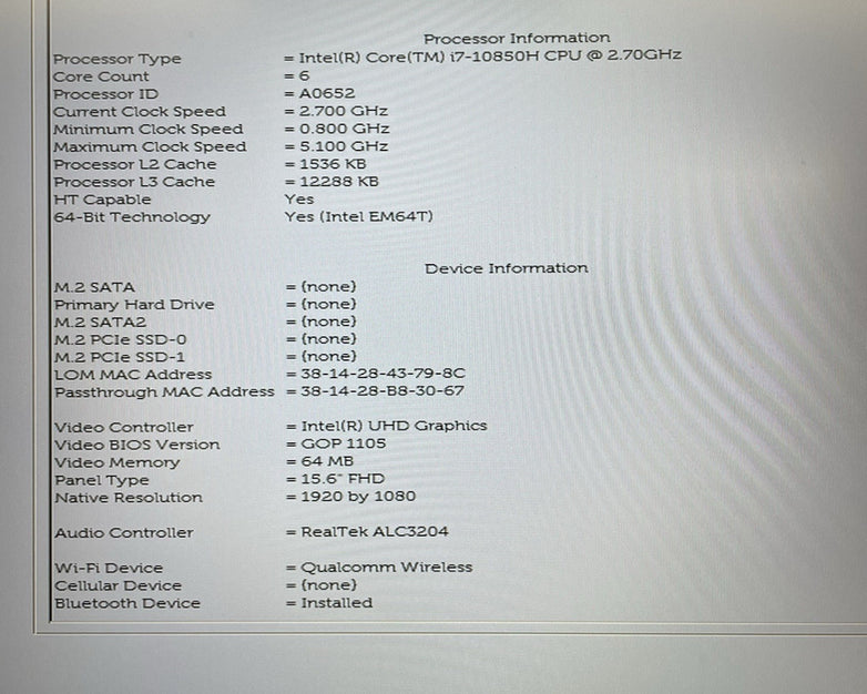 Dell Precision 3551 15.6" i7-10850H 2.70 GHz 8 GB RAM No SSD/OS/AC/Batt - READ