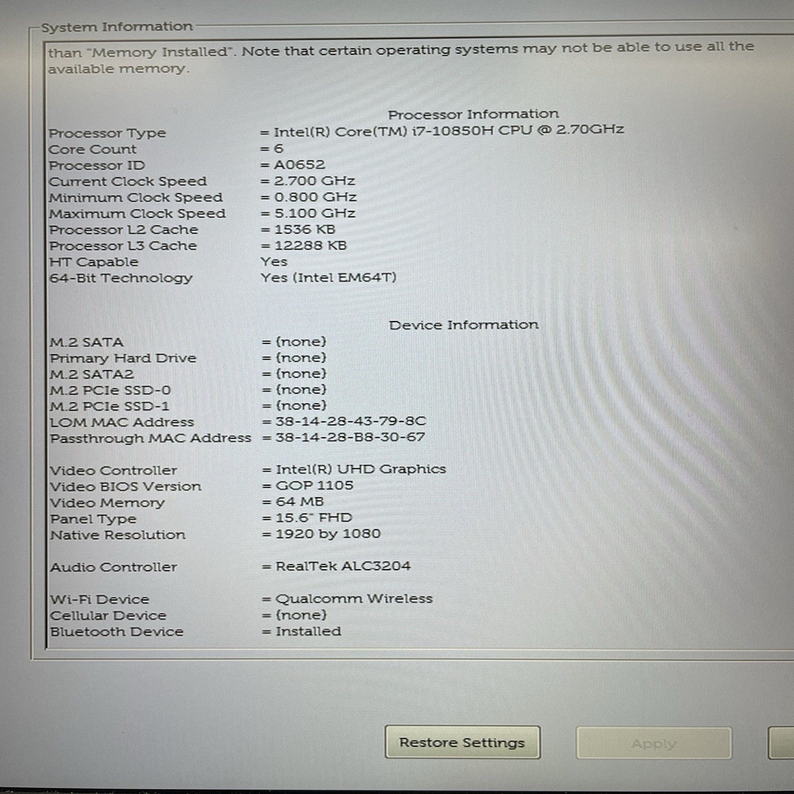 Dell Precision 3551 15.6" i7-10850H 2.70 GHz 8 GB RAM No SSD/OS/AC/Batt - READ3
