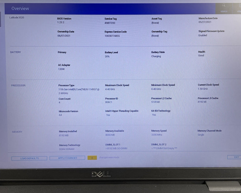 Dell Latitude 3520 15.6" i5-1145G7 2.60 GHz 8 GB RAM No SSD/OS/AC - Heat Spot
