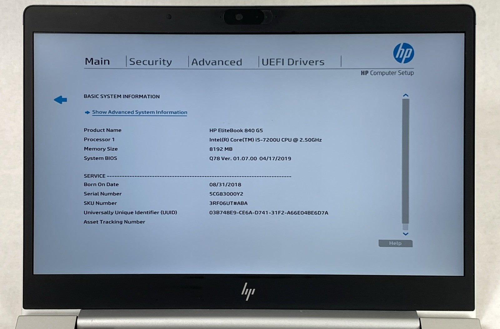 HP EliteBook 840 G5 Core i5-7200U 2.50 GHz 8GB RAM 15.6" No Battery No HDD No OS