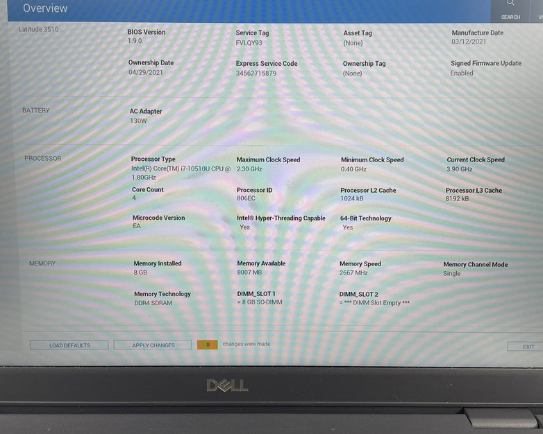 Dell Latitude 3510 15.6" i7-10510U 1.80 GHz 8 GB RAM No SSD/OS/AC/Batt