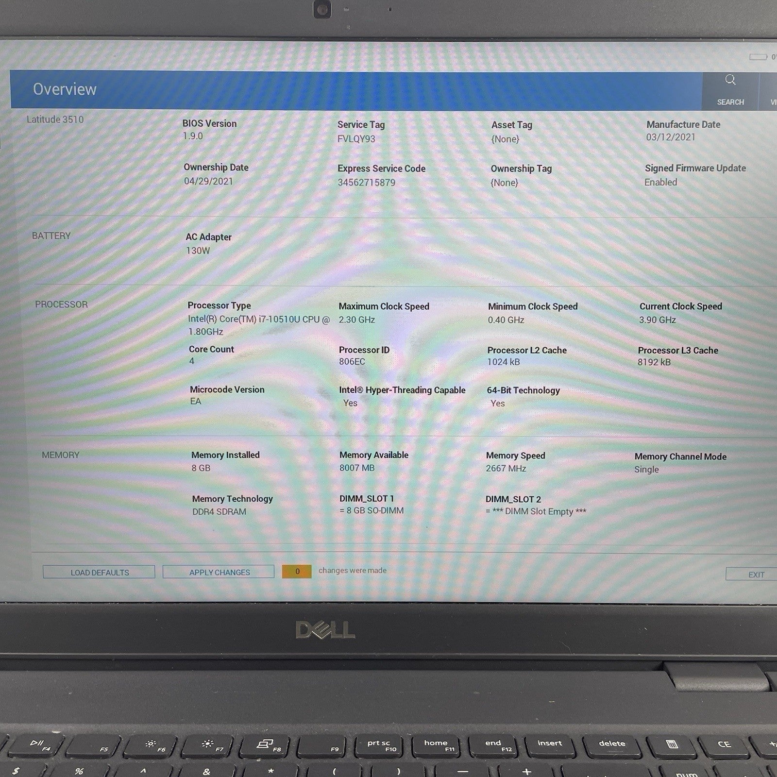Dell Latitude 3510 15.6" i7-10510U 1.80 GHz 8 GB RAM No SSD/OS/AC/Batt2