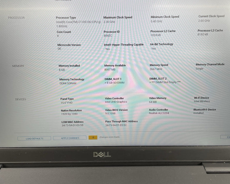 Dell Latitude 3510 15.6" i7-10510U 1.80 GHz 8 GB RAM No SSD/OS/AC
