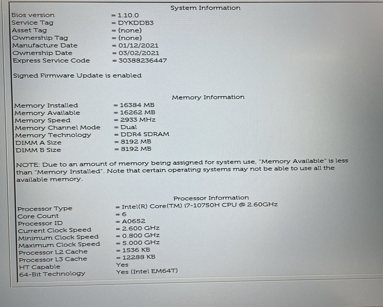 Dell Precision 3551 15.6" i7-10750H 2.60 GHz 16 GB RAM No SSD/OS/AC