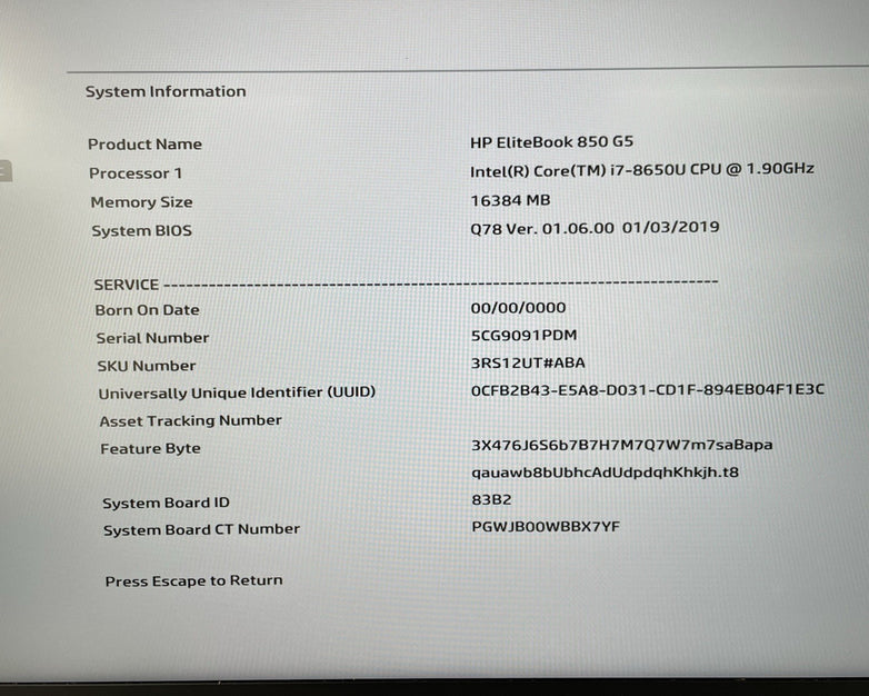 HP EliteBook 850 G5 15.6" i7-8650U 1.90 GHz 16 GB RAM No SSD/OS/AC - Dent