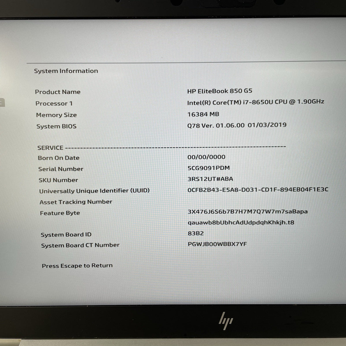 HP EliteBook 850 G5 15.6" i7-8650U 1.90 GHz 16 GB RAM No SSD/OS/AC - Dent3