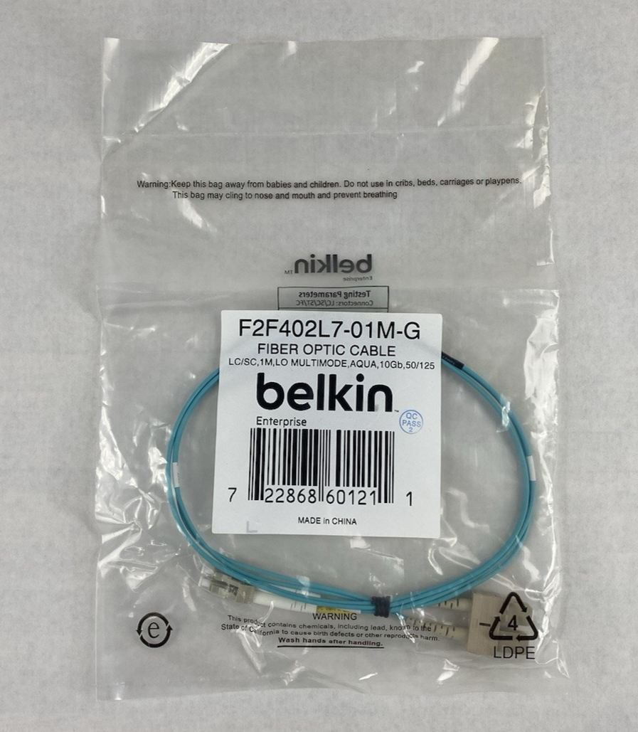 Belkin F2F402L7-01M-G  LC to SC 1M LO Multimode Aqua 10Gb Fiber Optic Cable