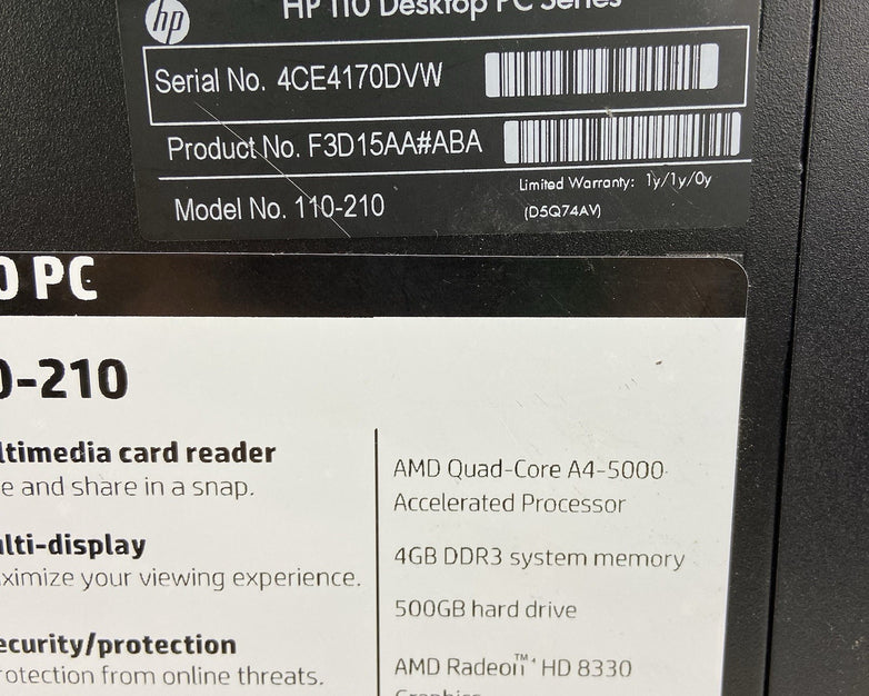 HP 110-210 MT AMD A4-5000 1.5GHz 8GB RAM No HDD No OS