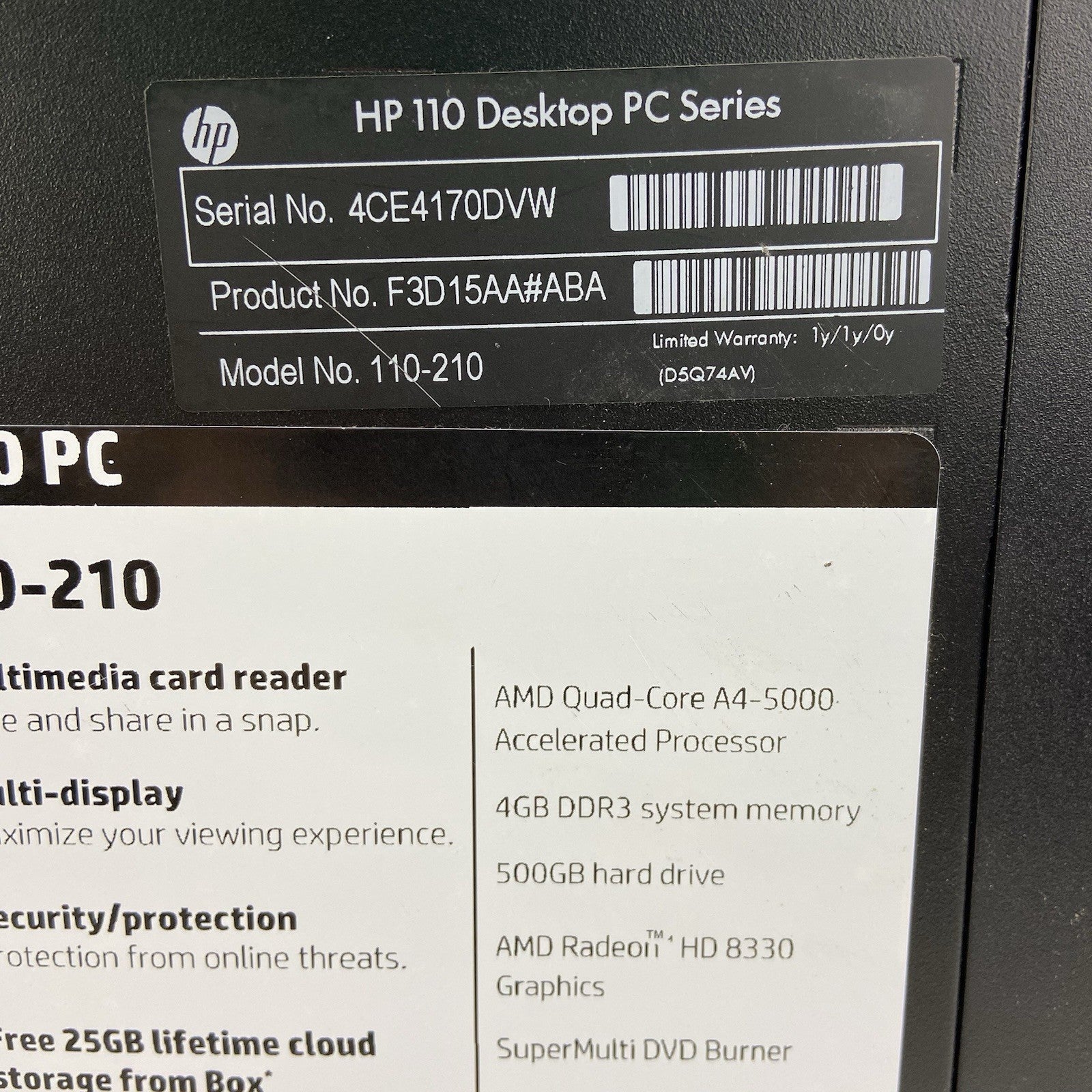 HP 110-210 MT AMD A4-5000 1.5GHz 8GB RAM No HDD No OS4